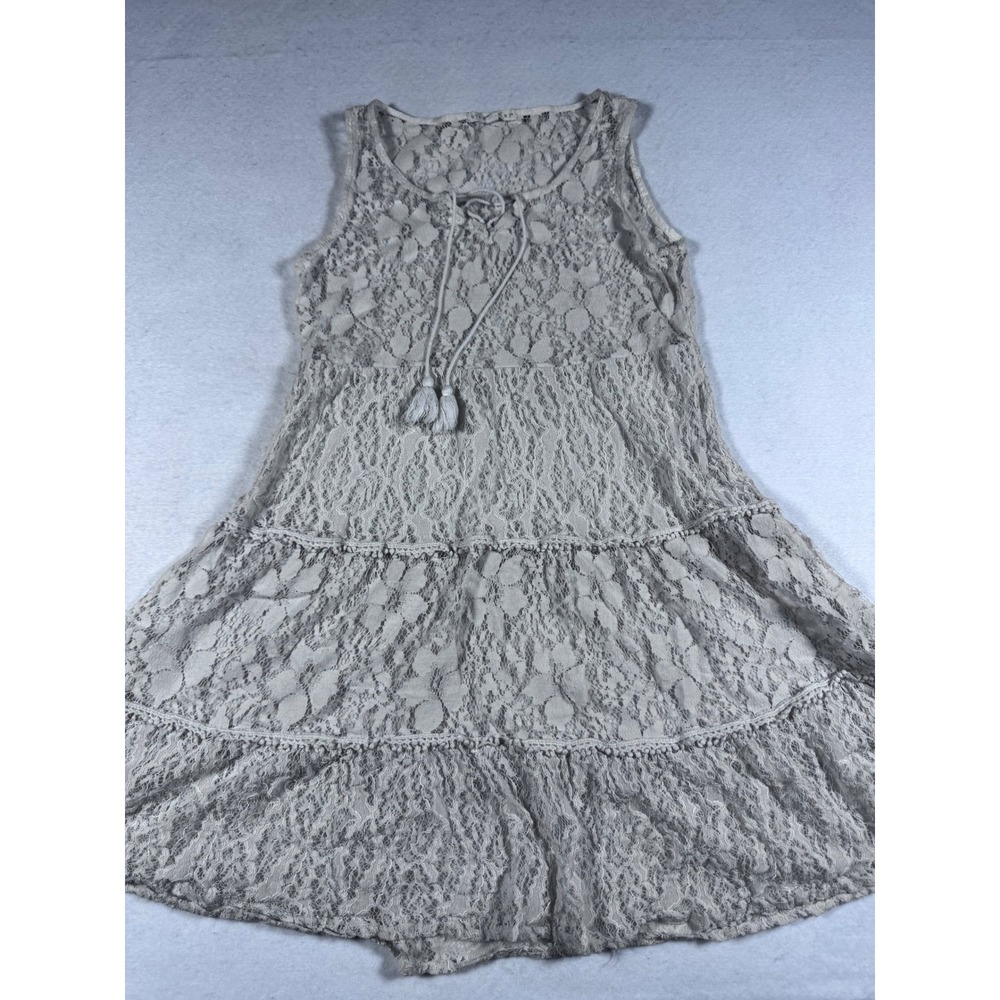 Hint of Mint Cream Floral Lace Tiered Mini Dress Tassel Tie Boho Sleeveless M